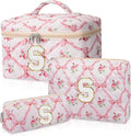Personalized Initial Makeup Bag Set, Quilted Makeup Bag, Large Floral Cosmetic Bag for Women, Cute Cotton Custom Make up Bags, Flower Travel Toiletry Bag Teen Girl Gift Trendy Stuff Gift S