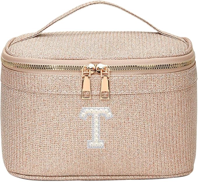 EURYNOME Makeup Bag with Custom Letter T, Water-Resistant Travel Organizer Pouch, (8.3x5.1x5.1 Inch) Cosmetic Case for Women