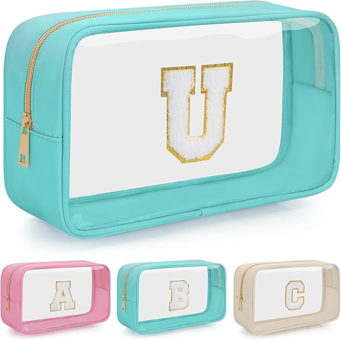 Personalized Initial Clear Makeup Bag, Travel Chenille Patch Cosmetic Bag, Preppy Toiletry Bag Monogram Cosmetic Pouch with Zipper, Ideal Gift for Teen Girls Women (Clear-Green, U)