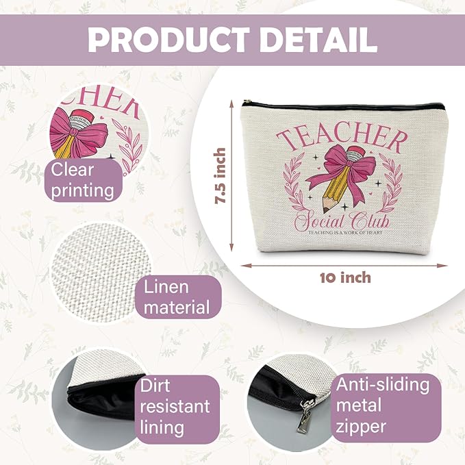Coquette Hot Pink Bow Teacher Makeup Bag, Teacher Appreciation Gifts Cosmetic Bags for Women, End of Year Teachers Gifts, Teaching Is a Work of Heart Zipper Makeup Pouch for Teachers