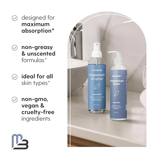 Unscented Magnesium Lotion & Spray for Sleep, Suitable for Sensitive Skin, Helps with Muscle Relaxation, Soothes Tired Legs & Foot Aches and Supports Restful Nights, 8 & 12 fl oz by M3 Naturals