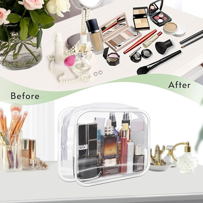 16 Pieces Clear Makeup Bags Bulk, TSA Approved Toiletry Bags Travel Pouch, Waterproof PVC Plastic Small Clear Cosmetic Bags with Zipper for Organizing (White Border)