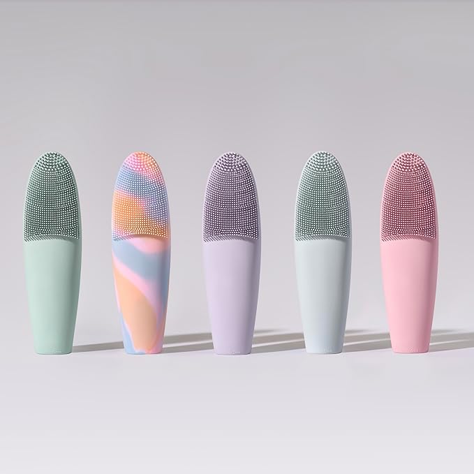 LOLLIPOP Dual-Sided Facial Cleansing Brush | Handle Size Silicone Face Exfoliator and Soft Fiber Cleanser | Manual Face Scrubber for Pores, Makeup Removal, Blackhead and Skincare Routine, Bubblegum