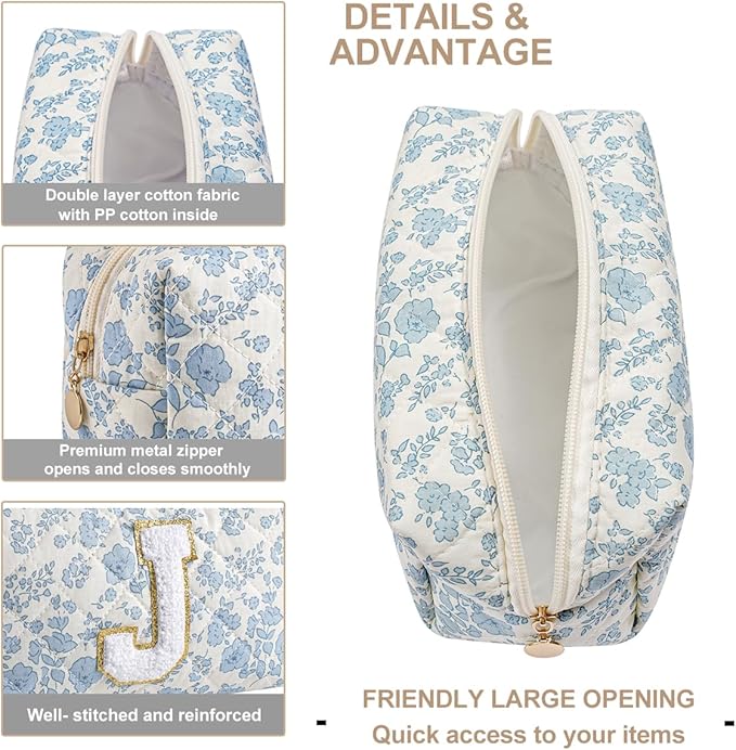 Gleyemor Personalized Initial Makeup Bag for Women, Cute Quilted Blue Floral Cotton Cosmetic Bag, Christmas Gifts for Her Mom Friend Sister Bridesmaid Teacher Women J