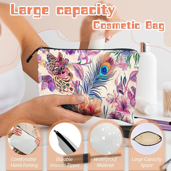 Cosmetic Bags Travel Makeup Toilet Case Waterproof Pouch for Women Girls 6.7X9.45inches - Gorgeous Floral - Peacock Tapestry