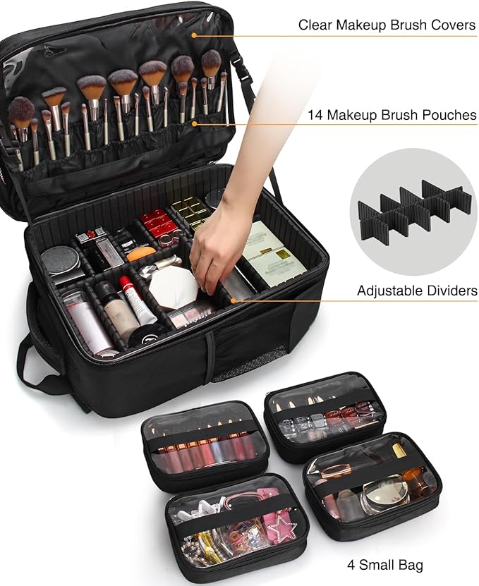 Makeup Backpack Professional Makeup Artist Bag Extra Large Cosmetic Bags with 8 Small Bags Double-Layer Travel Cosmetic Train Case Storage Organizer with Adjustable Divider