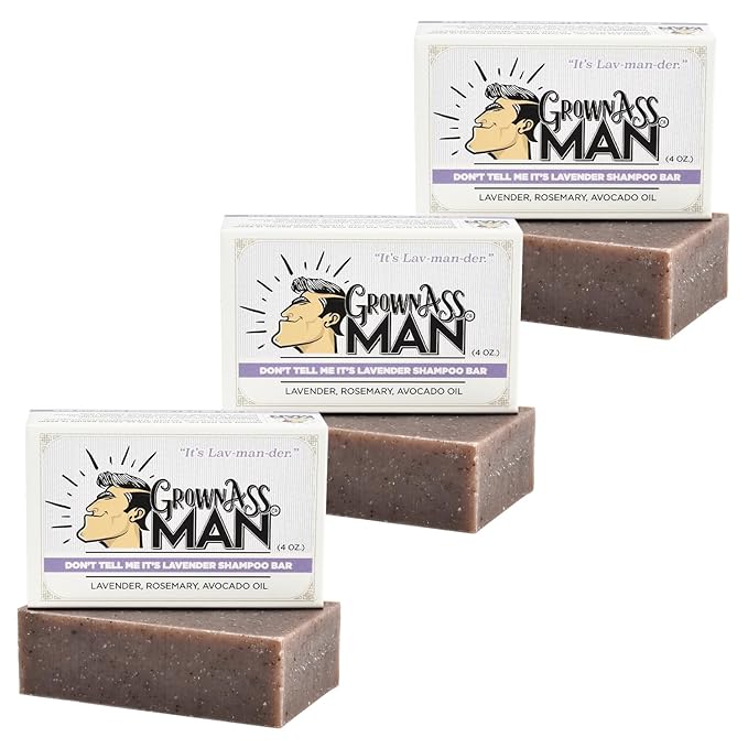 Grown Ass Man Co. - Solid Shampoo Bar Rich Lather 3 in 1: Hair, Beard & Body Wash - Plastic Free & Eco-Friendly, Natural & Organic for All Hair Types, 4oz Bar (Don't Tell Me It's Lavender, 3-Pack)