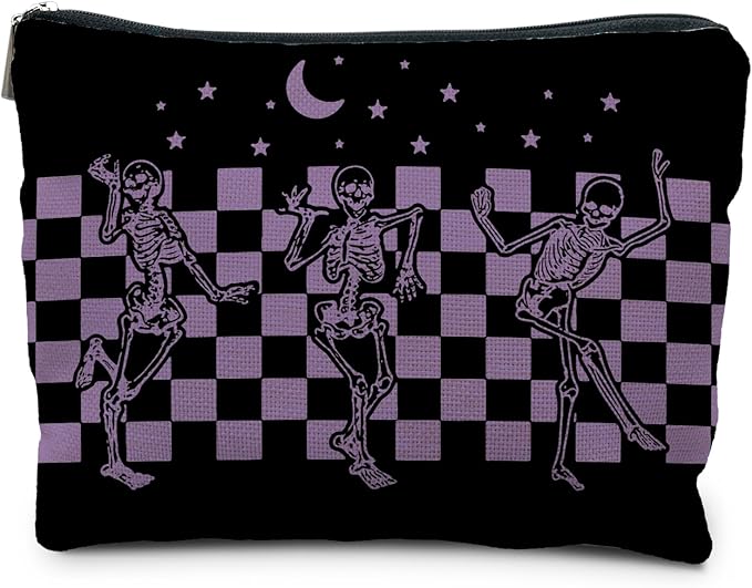 Funny Gothic Skeleton Makeup Pouch, Halloween Gifts for Women, Witchy & Dark Academia Makeup Bag, Horror Accessory (Purple)