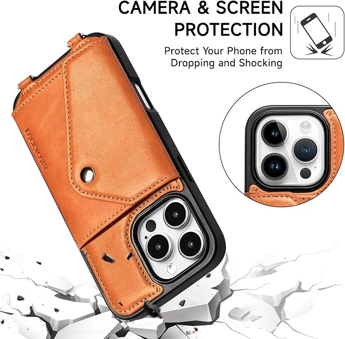 LUCKYCOIN Crossbody Wallet Phone Case for iPhone 16 Pro,100% Genuine Leather Wallet Phone Case with Expandable Flip Card Holder,Phone Purse for Women with Adjustable Removable Strap - Tan