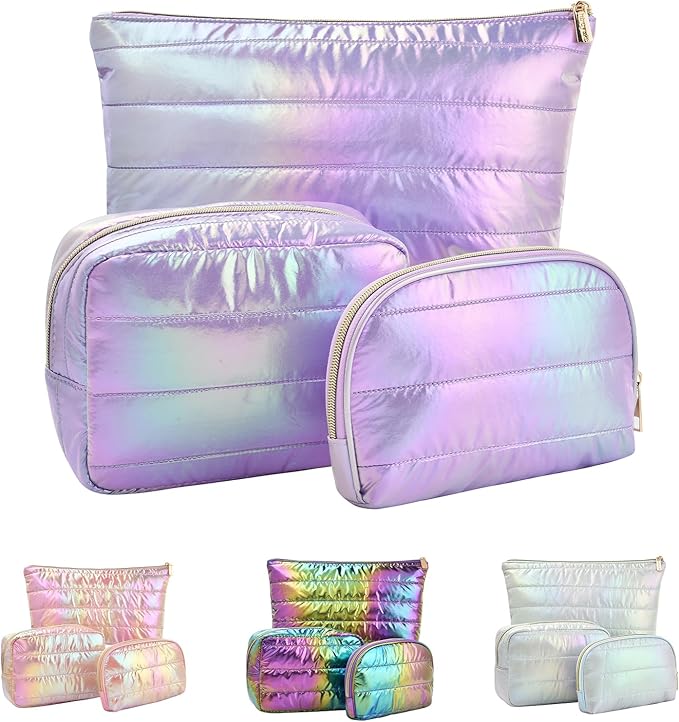 Hiroyuki Iridescent Quilted Makeup Bag, 3pcs Cute Makeup Bag Set, Large Capacity Cosmetic Organizer Travel Toiletry Pouch (plain, purple)