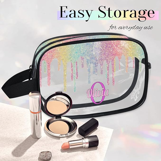Personalized Name Makeup Bag, Custom Women Transparent PVC Cosmetic Travel Toiletry Bag Pouch Organizer for Vacation Weekend Colorful Rainbow Sequins Water Fluid Shape
