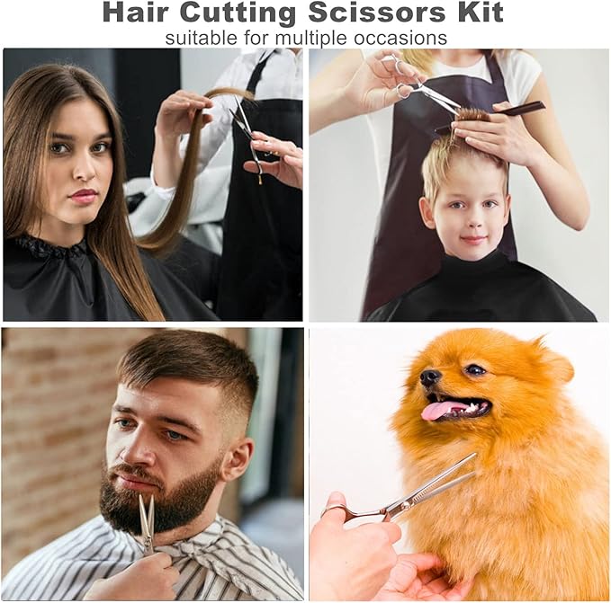 Haircut Scissors Kit, 11 Pcs Professional Set - Haircut, Thinning Scissors, Neck Duster Brush, Comb, Barber Cape, Hair Clips, Hairdressing Shears for Barber and Home