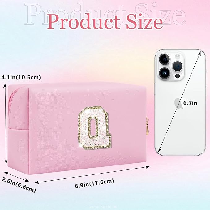 Small Personalized Glitter Initial Letter Makeup Bag, Cute PU Leather Chenille Letters Cosmetic Bag Travel Makeup Pouch, Preppy Travel Organizer Zipper Pouch for Women&Girls（Pink-Q）