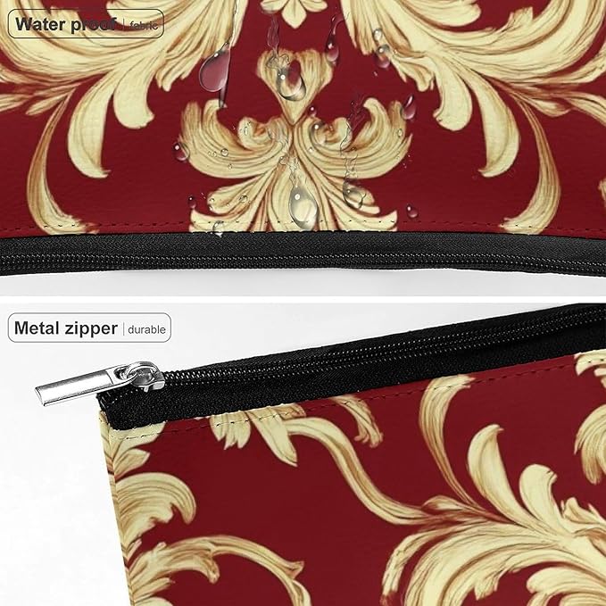 Fashion Zipper Cosmetic Case, Portable Makeup Case, Personality Toiletry Bag, Travel Cosmetic Toiletry Bag Flower Red Gold Floral Classy Burgundy Antique