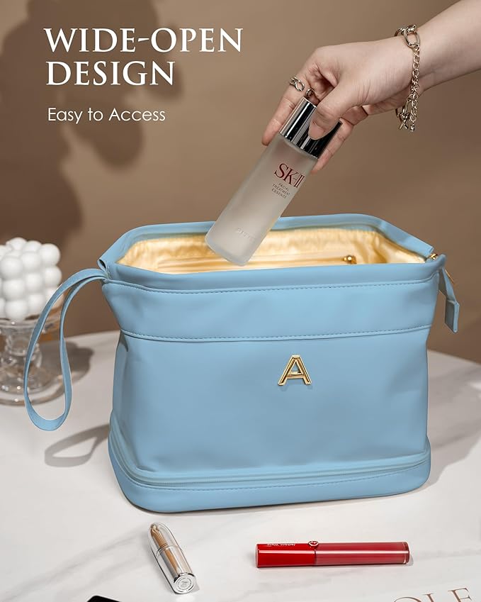 Birthday Gifts for Girls, Initial Large Makeup Bag, Personalized Double Layer Cosmetic Bag with Makeup Brush Organizer, Large Capacity PU Leather Travel Toiletry Bag Travel Stuff for Girls