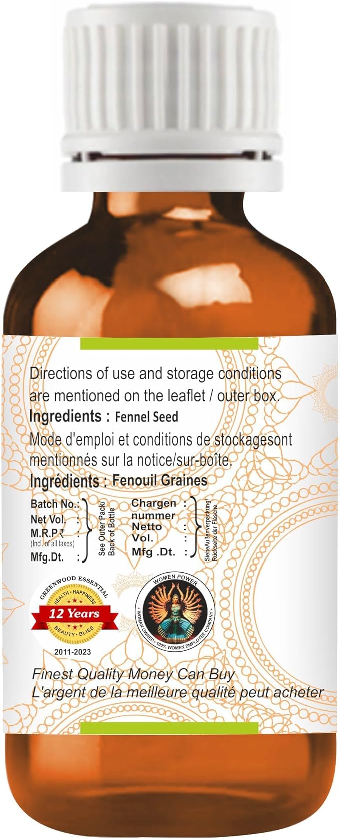 Greenwood Essential Pure Fennel Seed Essential Oil (Foeniculum vulgare) Steam Distilled (Pack of Five) 100ml X 5(16.9 oz)