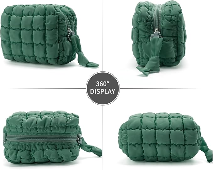 Puffy Quilted Makeup Bag Small Puffer Bag Cosmetic Bags Travel Toiletry Purse for Women, Cute Organizer Pouch, Green