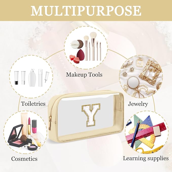 Small Clear Personalized Initial Makeup Bag, Preppy A-Z Chenille Letter Patch Cosmetic Bag, Cute Transparent Nylon Waterproof Zipper Beach Varsity Letter Pouch, Gift for Women Girls(Beige-White Y)