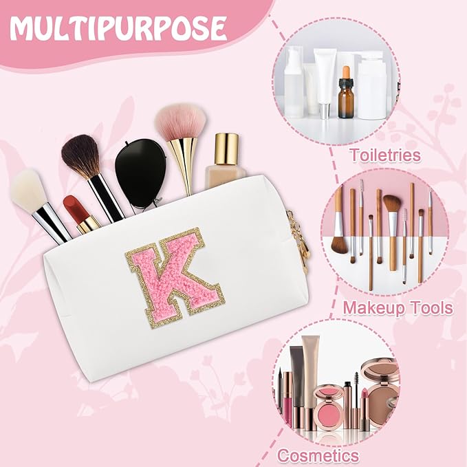 Personalized Small Preppy Makeup Bag, Chenille Letter White Initial Cosmetic Pouch Travel Toiletry Organizer, Waterproof PU Leather Makeup Storage Travel Essentials for Female Girl Teacher(Letter K)