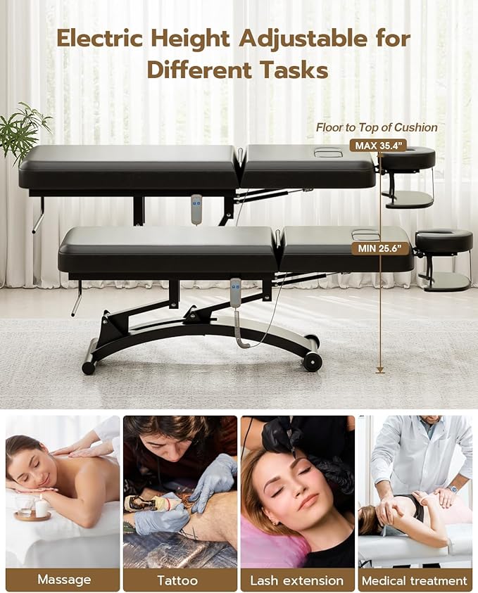 Paddie 550lbs Electric Lift Massage Table Professional for Treatment/Facial/Beauty/Spa/Physical Therapy, Adjustable Backrest/Face Cradle/Rolling Wheels, Black