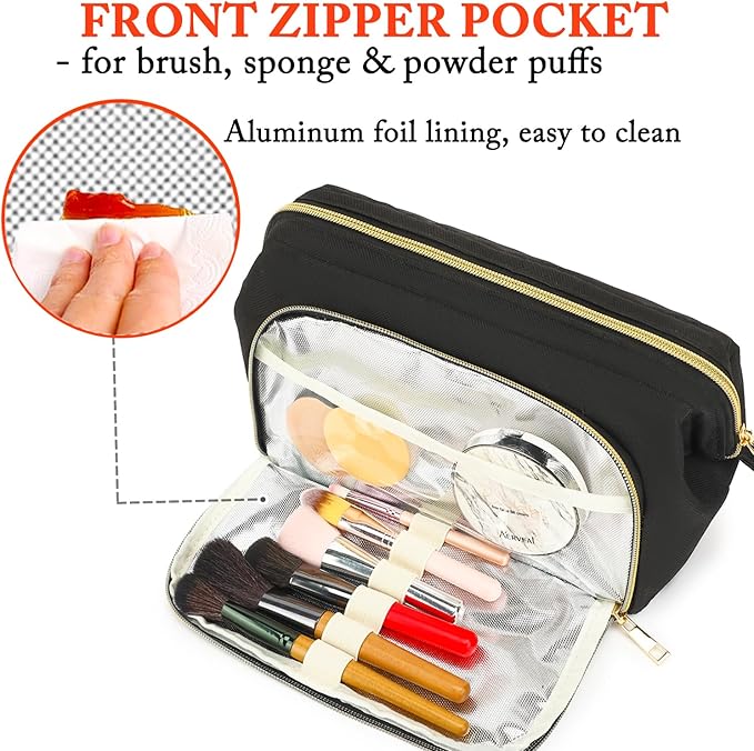 Travel Makeup Bag, Wide-open Cosmetic Bag Make Up Organizer Case with Brushes Pocket for Women, Large Family Toiletry Bag Skincare Pouch for Toiletries Accessories