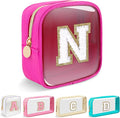 Mini Clear Personalized Initial Makeup Bag,Nylon Preppy A-Z Chenille Letter Patch Zipper Cosmetic Bag, Small Cute Beach Pouch Travel Purse Sanitary Napkin Storage Bag for Women Girls(Hot Pink-White N)