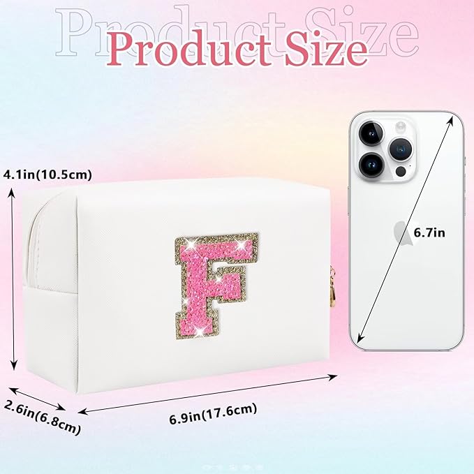 Small Personalized Glitter Initial Letter Makeup Bag, Cute PU Leather Chenille Letters Cosmetic Bag Travel Makeup Pouch, Preppy Travel Organizer Zipper Pouch for Women&Girls（WhiteRosePink-F）