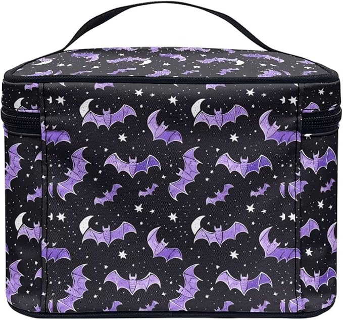 Bat Stars Pattern Travel Makeup Bags for Women Portable Tote Cosmetic Case with Carry Handle Toiletry Accessories Storage Organizer Bags for Halloween