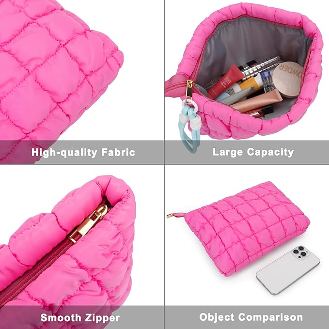 DOB SECHS Puffer Quilted Makeup Bag with Handle, Cute Puffy Cotton Cosmetic Bags for Women, Checkered Toiletry Zipper Pouch, Travel Essentials Storage Organizer Clutch Pouches Pencil Case, Hot Pink