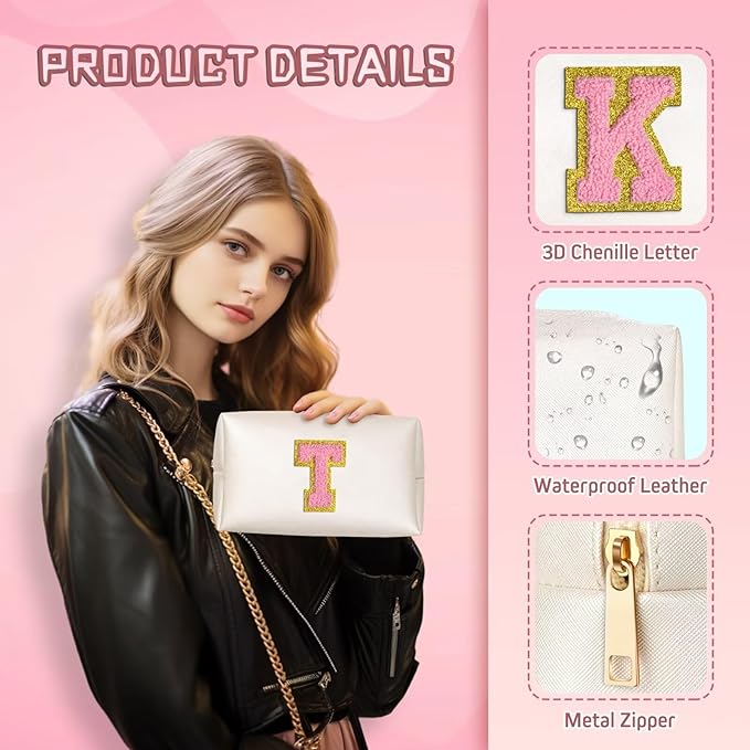 TOPEAST Birthday Gifts for Girls, Travel Makeup Bag Chenille Letter Pouch Cosmetic Bag, Makeup Travel Organizer, Monogrammed Bridesmaid Gifts for Women, Cute Stuff for Girls (Pearly White J)