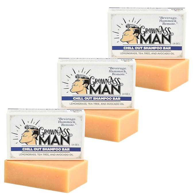Grown Ass Man Co. - Solid Shampoo Bar Rich Lather 3 in 1: Hair, Beard & Body Wash - Plastic Free & Eco-Friendly, Natural & Organic Clean for All Hair Types, 4oz Bar (Chill Out, 3-Pack)