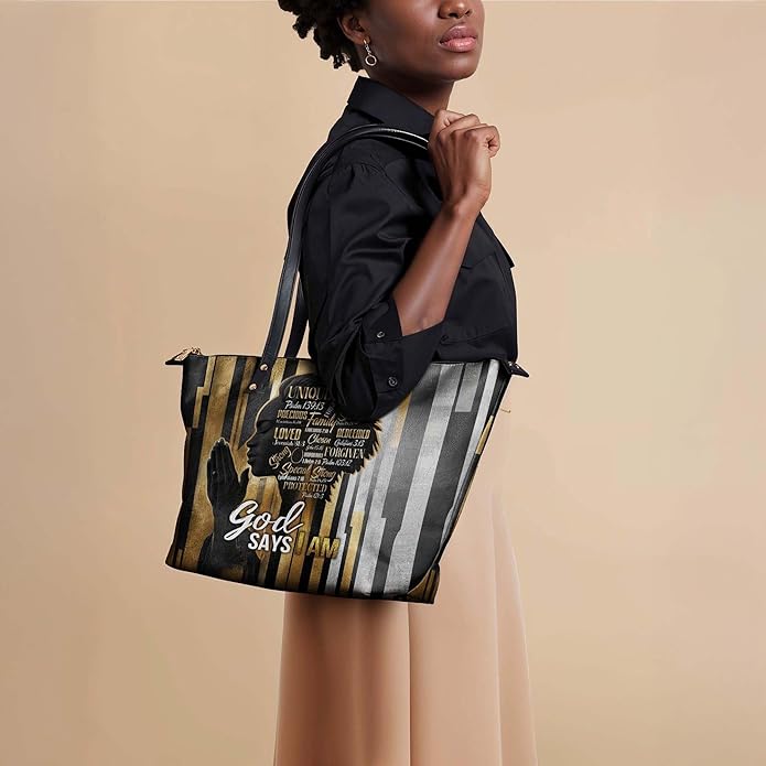 African Black Women's Leather Tote Bag, Large, Premium Vegan Leather, Full Zip, Perfect Christmas Gifts For Women