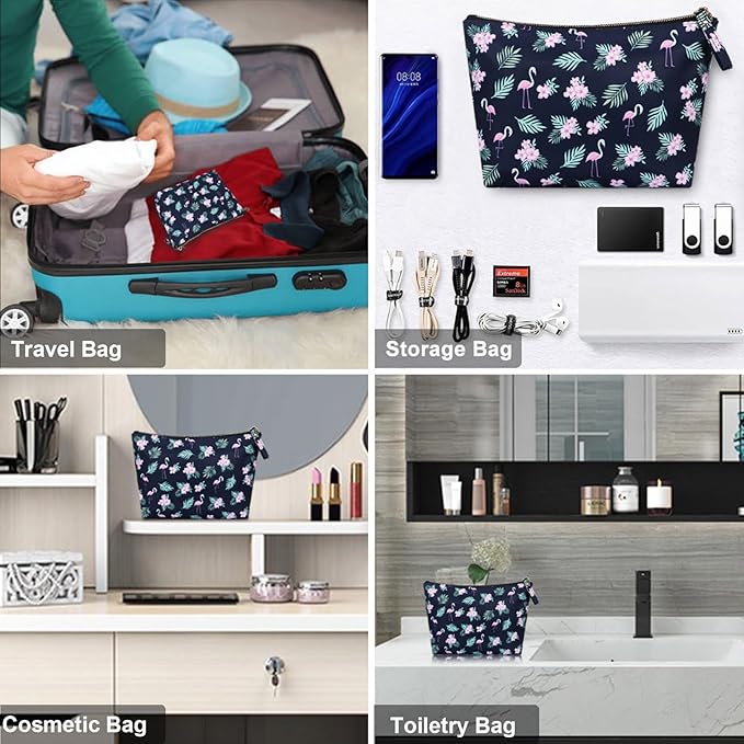 Zippered Simple Makeup Bag for Women Travel Cosmetic Pouch for Accessories & Toiletries, Flamingo