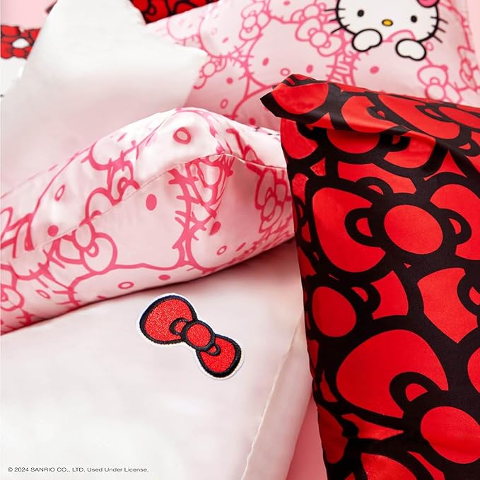 Kitsch x Hello Kitty Sea of Bows - Satin Pillowcase with Zipper for Hair and Skin, Softer Than Silk, Smooth Cooling Pillow Covers, Machine Washable, King Size (19x36)