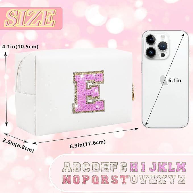 Personalized Initial Letter Makeup Bag, Preppy Glitter Letter Patch Cosmetic Pouch Zipper,PU Waterproof Travel Toiletry Bag Cute Makeup Organizer Monogrammed Make Up Bag,Gift for Women Girls