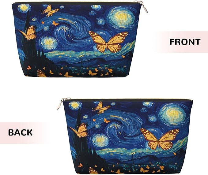 Womens Leather Makeup Bag Cosmetic Bag Travel Toiletry Bags Make Up Bags for Women Adult (Starry_Night_Butterflies)