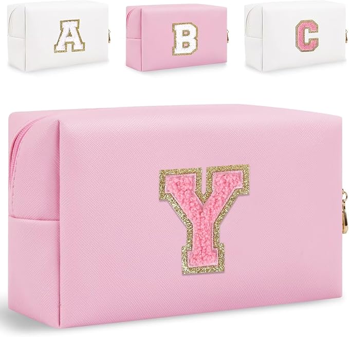 Small Personalized Glitter Initial Letter Makeup Bag, Cute PU Leather Chenille Letters Cosmetic Bag Travel Makeup Pouch, Preppy Travel Organizer Zipper Pouch for Women&Girls（PinkPink-Y）