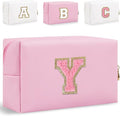 Small Personalized Glitter Initial Letter Makeup Bag, Cute PU Leather Chenille Letters Cosmetic Bag Travel Makeup Pouch, Preppy Travel Organizer Zipper Pouch for Women&Girls（PinkPink-Y）