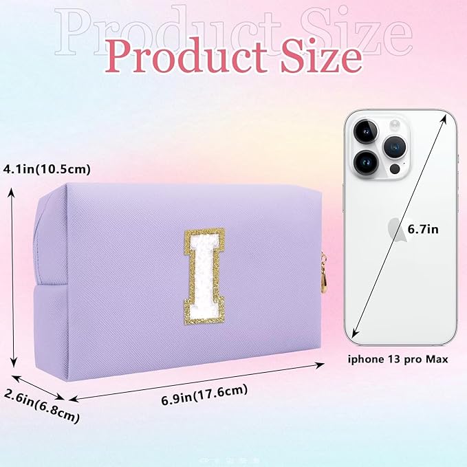 Small Personalized Letter Makeup Bag, Cute PU Leather Chenille Letters Cosmetic Bag Travel Makeup Pouch, Preppy Travel Organizer Zipper Pouch for Women&Girls（Purple-I）