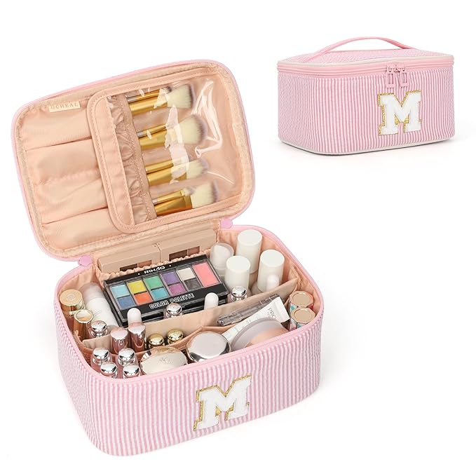 OCHEAL Makeup Bag for Women, Monogram Cosmetic Bag with Brush Holder, Pink Travel Makeup Case Beauty Toiletry Bag Organizer Personalized Gifts for Girls Bridesmaid, Sister, Wife, Friends Initial M