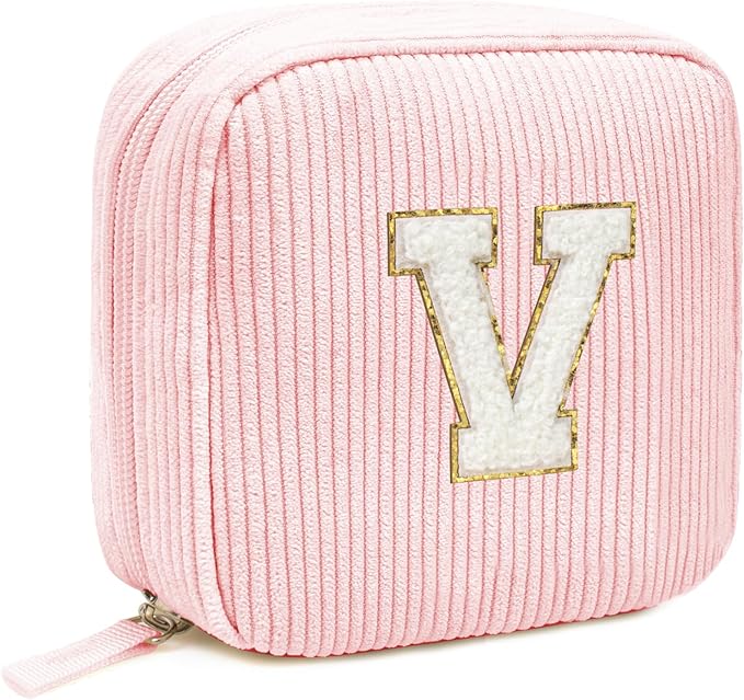 LETGO Birthday Gifts for Women Small Personalized Initial Monogram Makeup Bag,Preppy Corduroy Makeup Bags Travel Toiletry Bag Cute Pouch Purse for Her Mom Girlfriend Wife Sister Teacher Bridesmaid