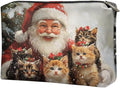 COEQINE Makeup Bag For Purse Leather Cute Cat Red Santa Designer Mini Cosmetic Bag Leather Organizer Pouch with Zipper Toiletry Travel Bag for Women for Holiday Birthday Christmas Gifts