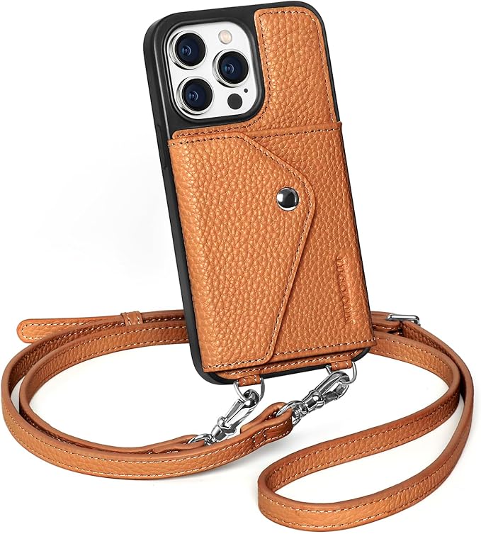 LUCKYCOIN Crossbody Wallet Phone Case for iPhone 15 Pro,100% Genuine Leather Wallet Phone Case with Expandable Flip Card Holder,Phone Purse for Women with Adjustable Removable Strap - Pebble Brown