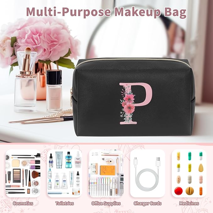 Personalized Initial Makeup Bag, Birthday Gifts for Women and Girls, Small Makeup Pouch Travel Toiletry Bag, Make Up Organizer Bag Gift Trendy Stuff for Friend Mom Teacher, Black