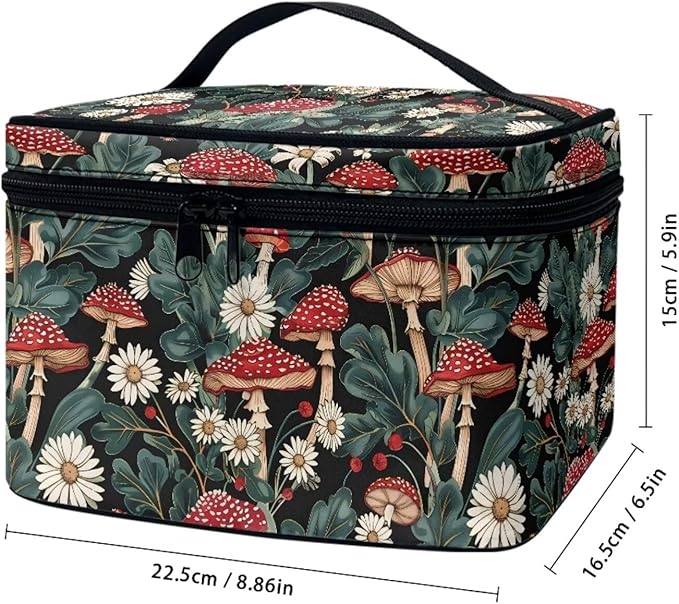 JoyLamoria Bright Mushroom Daisy Travel Makeup Bag Portable Cute Brush Bag Toiletry Bag for Women