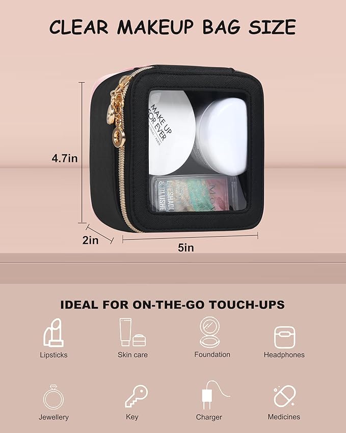Small Clear Makeup Bag for Purse, Cute Mini Clear Cosmetic Bag Case Organizer, TSA Approved Square Small Makeup Case Pouch with Zipper, Car Travel Purse Essentials for Women (Black,S)