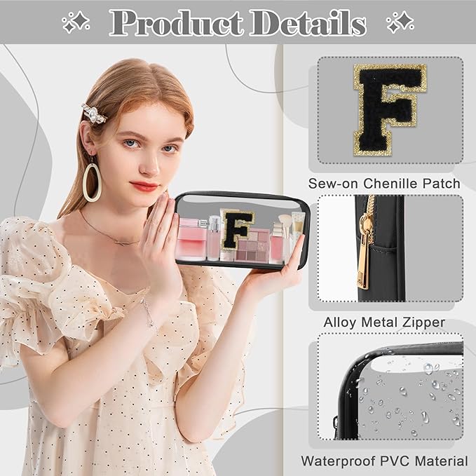 Personalized Initial Letter Clear Makeup Bag,Preppy Small Nylon&PVC Cosmetic Zipper Bag with Chenille Letter,Travel Skincare Toiletry Bag,Monogram Christmas Gift for Teen Girls Women,F