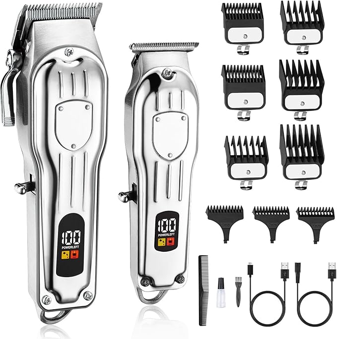 Gegong Professional Hair Clippers for Men, Cordless Hair Trimmer Kit, LCD Display Hair Cutting Set, Wireless Barber Clippers, Rechargeable Haircut Machine for Family (Silver)