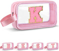 Initial Makeup Bag,Letter K Cute Clear Monogrammed Cosmetic Travel Bag for Womens Girls,Personalized Pink Aesthetic Traveling Make Up Organizer Bag for Beach,Waterproof Toiletry Bag