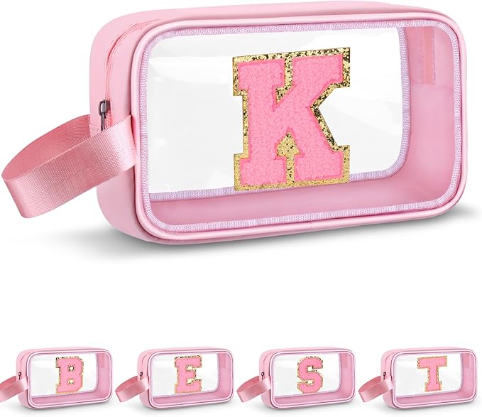 Initial Makeup Bag,Letter K Cute Clear Monogrammed Cosmetic Travel Bag for Womens Girls,Personalized Pink Aesthetic Traveling Make Up Organizer Bag for Beach,Waterproof Toiletry Bag